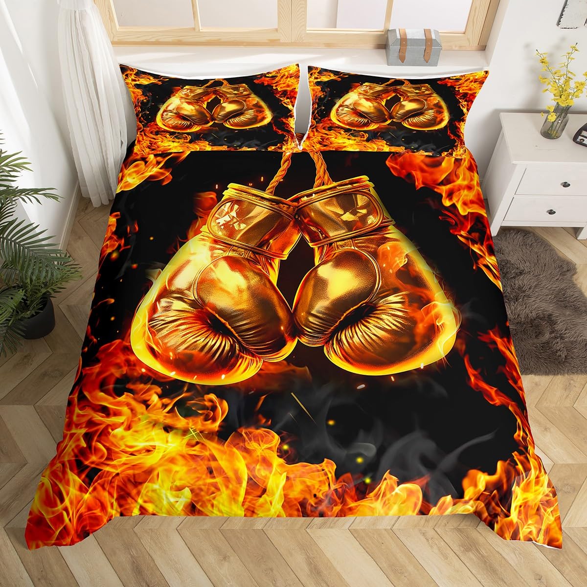 Manfei Boxing Sport Duvet Cover Set Golden Boxing Gloves Bedding Set 3pcs for Kids Boys Teens Yellow Fire Print Comforter Cover Microfiber Bedspread Cover with 2 Pillow Cases(No Comforter) Queen Size