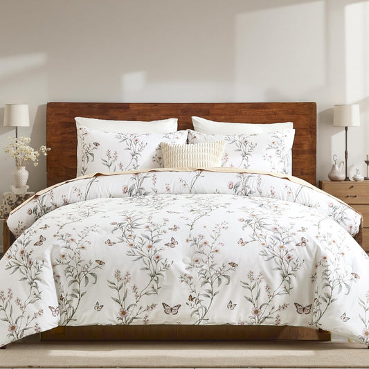 Bedorm Vintage Floral Comforter Set 100% Cotton Queen Bedding Set Green Leaf Flower Butterfly French Country Bedding 3 Pcs Extra Soft & Breathable Bed Comforter