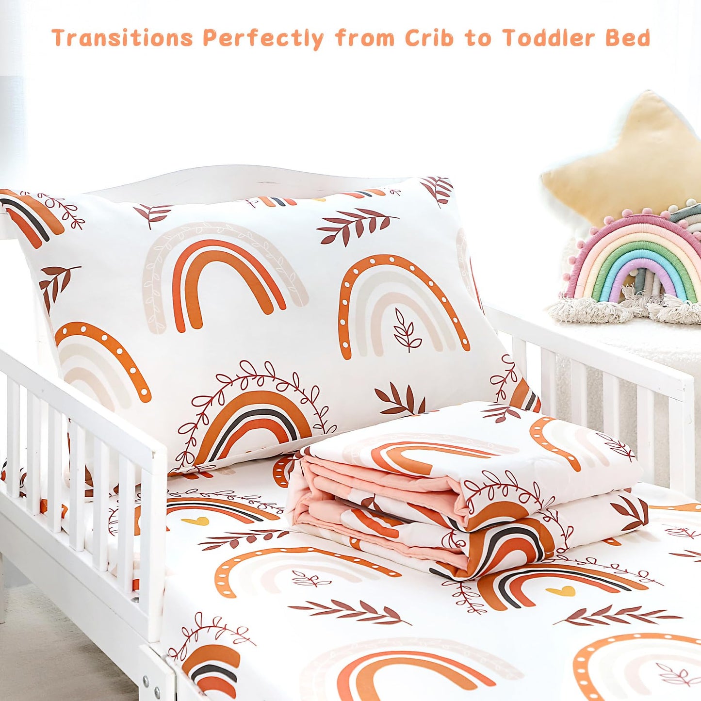 Pea Pod Muslin Toddler Bedding Set Rainbow 3-Piece - Soft Breathable Crib Bedding with Fitted Sheet, Quilt & Pillowcase for Infant & Kids Bed | Machine Washable Nursery Bed Set