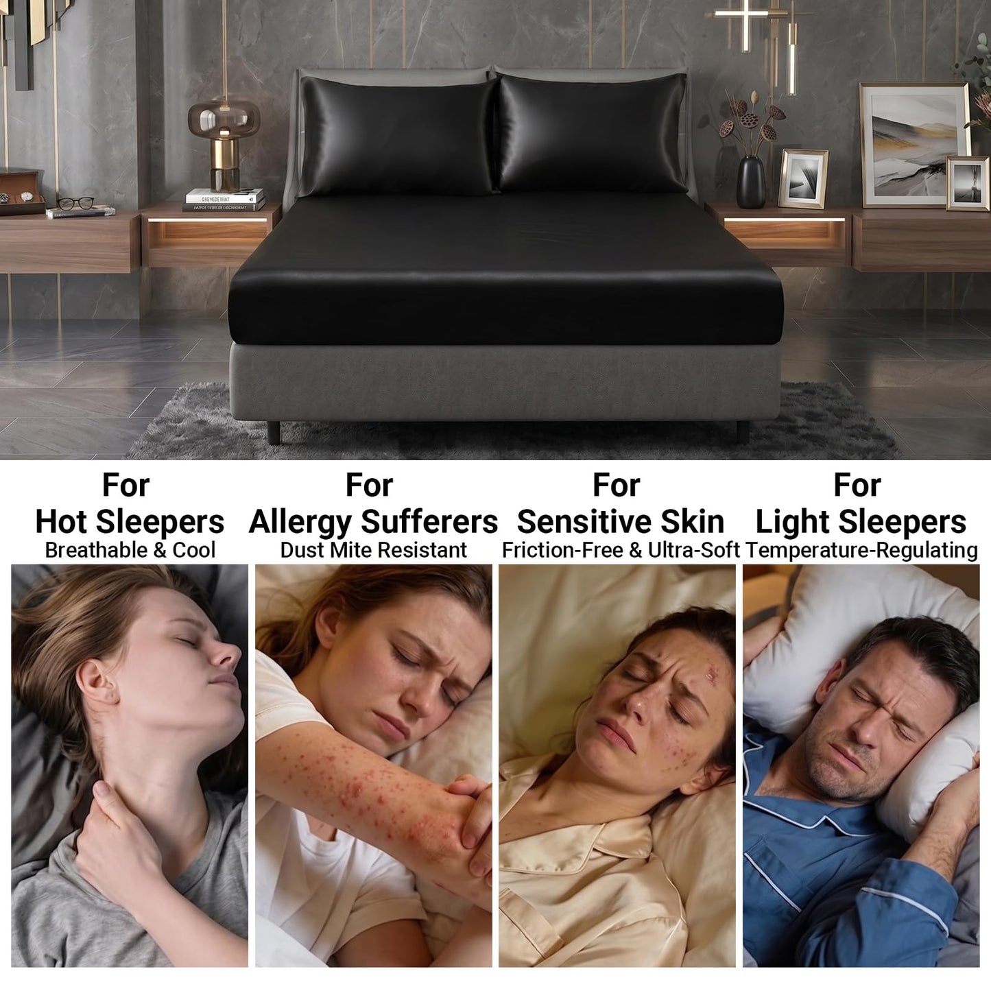 GRSECPO Satin Fitted Sheet Full Size Black, 15 Inch Deep Pocket Silky Bottom Sheet with Elastic Corner Straps, Wrinkle Resistant, No Slip, 1 Pack Only for Mattress
