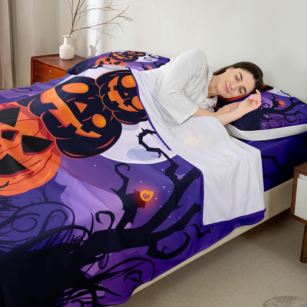 jejeloiu Halloween Decor Bed Sheets Set Twin Size Pumpkins Bed Set for Kids Boys Girls Bats Deep Pocket Fitted Sheet Dead Tree Breathable Soft Lightweight Microfiber