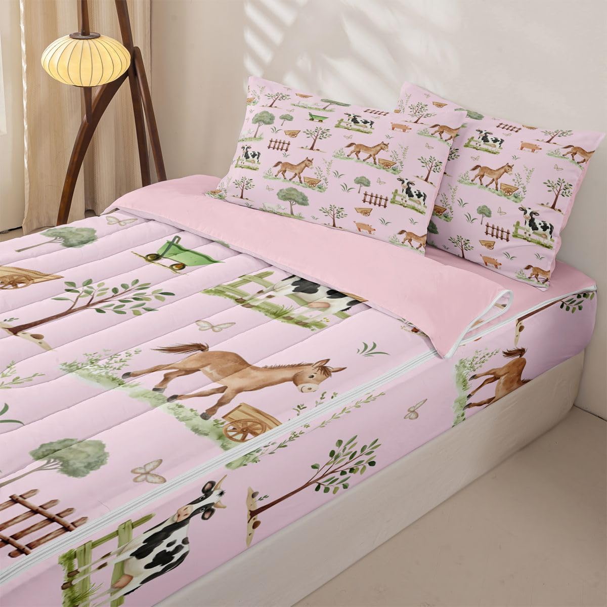 Erosebridal Farm Animal Kids Zip Up Bedding Set Twin Pink Cartoon Animals Zipper Comforter Set with Sheets Western Rustic Farmhouse Bed in a Bag Cute Horse Sheep Cow Pig Woodland Trees Bed Sets