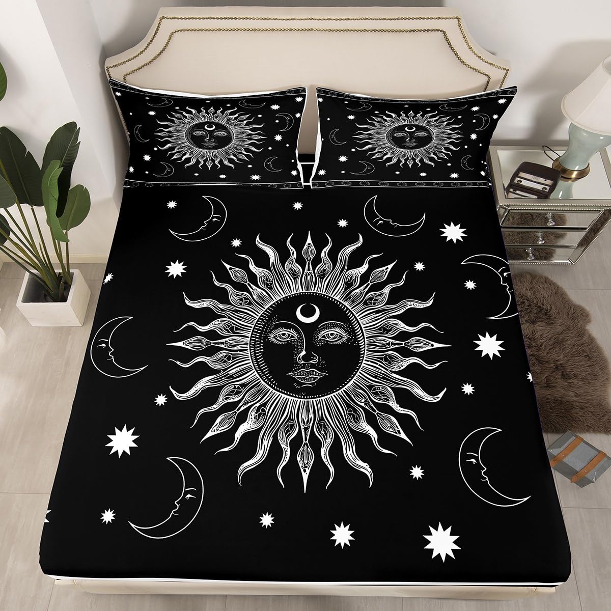 Feelyou Sun and Moon Fitted Sheet Boho Exotic Bedding Set for Kids Boys Girls Teens Decor Bohemian Celestial Bed Sheet Set Black White Hippie Design Bed Cover No Flat Sheet 2Pcs Twin Size