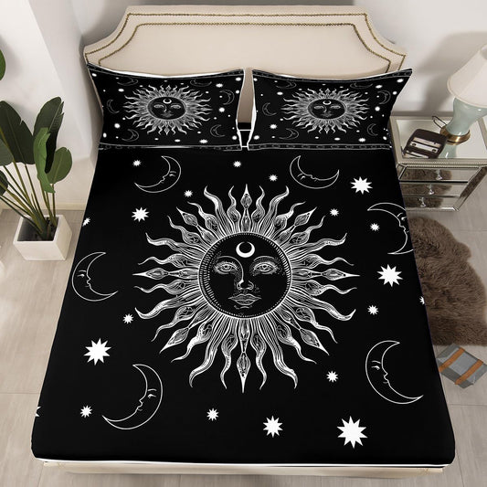 Feelyou Sun and Moon Fitted Sheet Boho Exotic Bedding Set for Kids Boys Girls Teens Decor Bohemian Celestial Bed Sheet Set Black White Hippie Design Bed Cover No Flat Sheet 2Pcs Twin Size