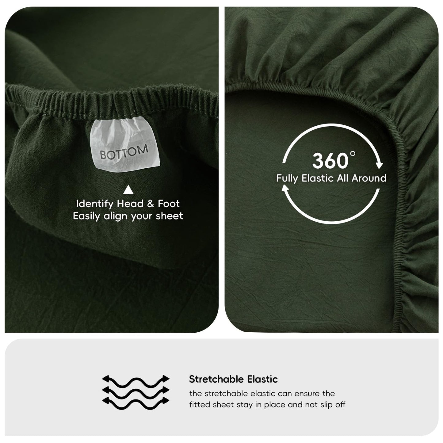 MooMee Fitted Bottom Sheet Only 100% Washed Cotton Linen Like Textured Breathable Durable Soft Comfy Deep Pocket Fits Mattress up to 17" (Forest Green, Queen)