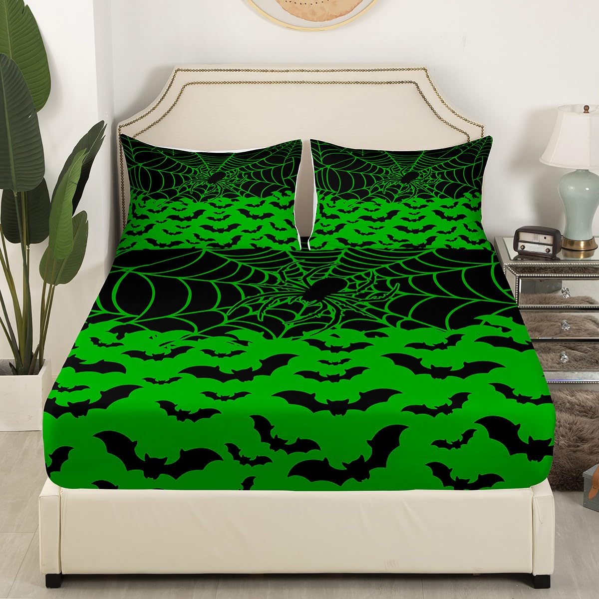 Feelyou Bat Halloween Sheets Set Cute Green Halloween Themed Twin Size Bedding Set Decoration for Kids Boys Girls Spider Web Fitted Sheet Cute Bed Sheet Set Collection