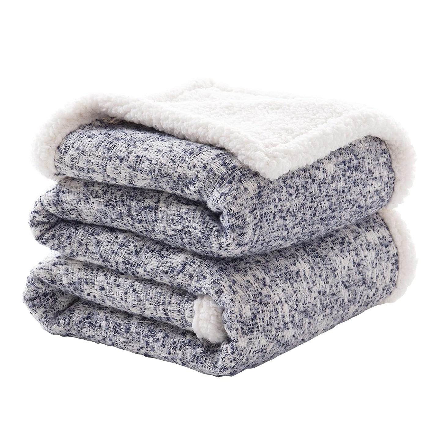 SE SOFTEXLY Throw Blanket, Reversible Sherpa Blanket with 30% Wool and 70% Cotton, Fuzzy Plush Fluffy Soft Blanket, Fall Winter Blanket for Couch Bed Sofa Chair (Blue, 50" x 60")