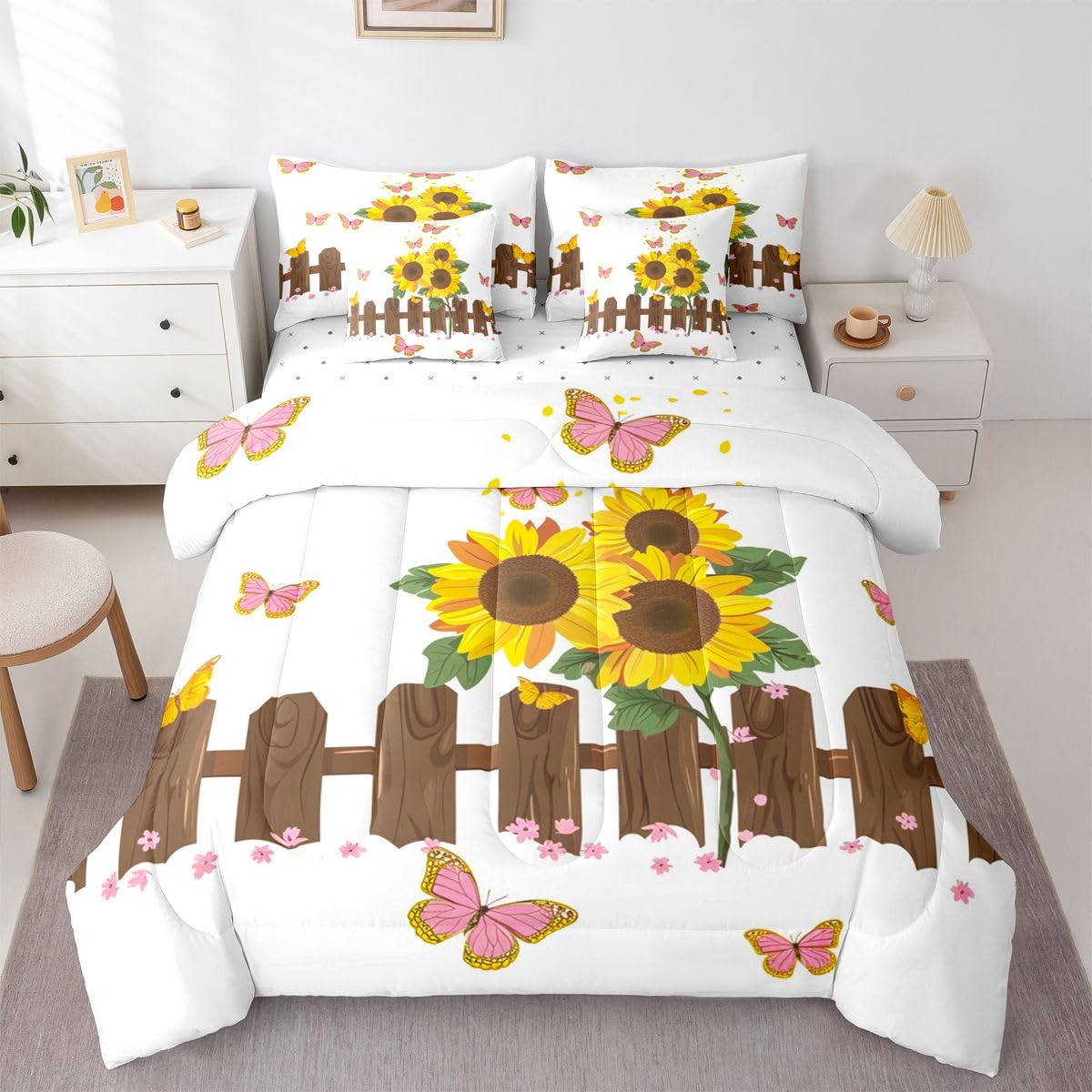 Erosebridal Butterfly 7 Piece Bedding Set Twin Sunflower Comforter Set with Sheets Wooden Fence Cute Hand Drawn Florals for Kids Boys Girls Petals Pink Butterflies Farmhouse Bed in a Bag