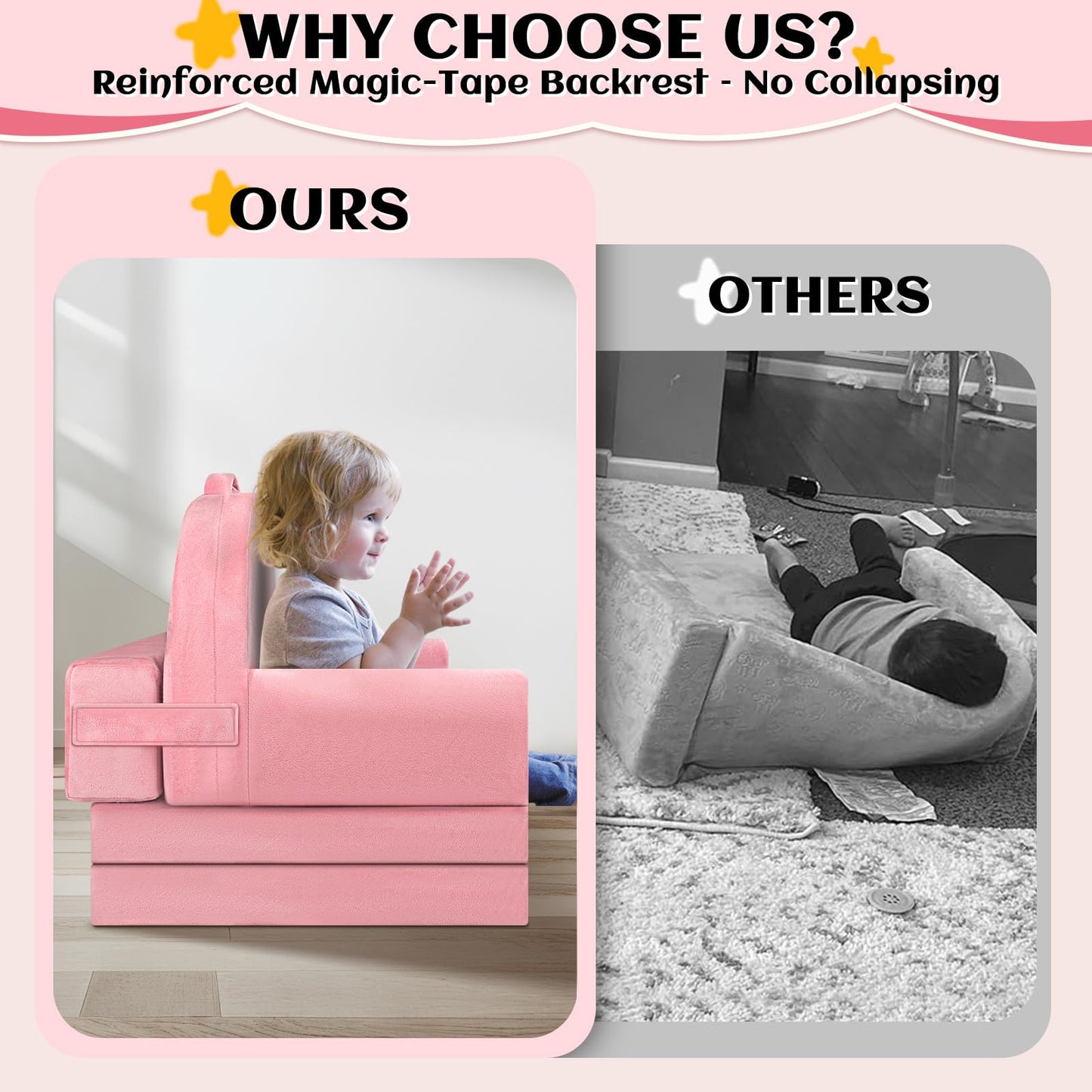 ORWIPO Unicorn Kids Sofa Bed with Removable Washable Cover & Hook and Loop Backrest – Foldable Toddler Chair, Cozy Crystal Velvet Furniture for Playtime, Naps & Travel (Pink, Unicorn Design)