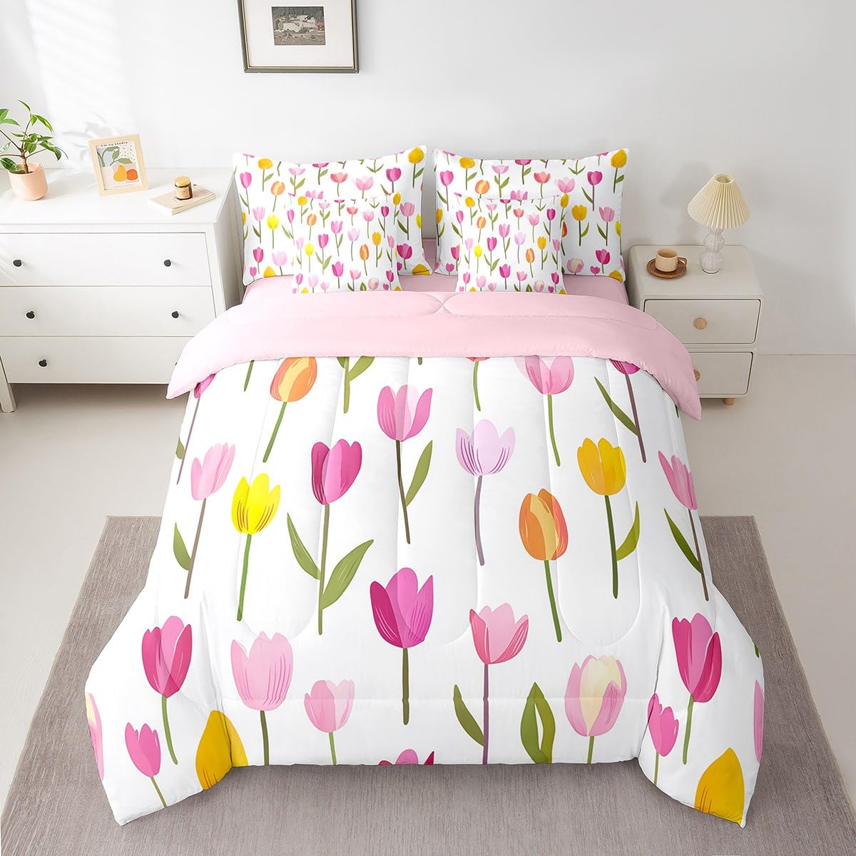 Erosebridal Tulips King Comforter Set 7 Piece for Kids Teen Women,Pink Yellow Tulips Flowers Bedding Set,Spring Summer Plants Floral Bed in A Bag Romantic Watercolor Botanical Bed Set