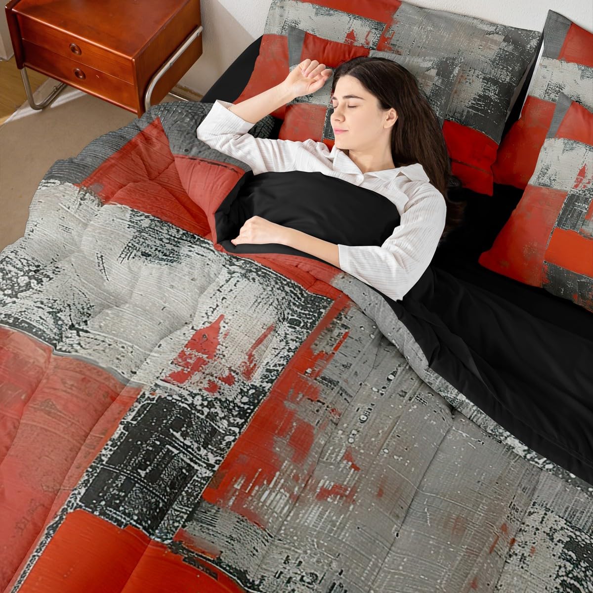 Feelyou Abstract King Comforter Set with Sheets for Kids Boys Girls Modern Abstract Art 7 Pieces Bedding Set Luxury Bed in a Bag Geometric Room Decor Red Gray Soft Lightweight Microfiber