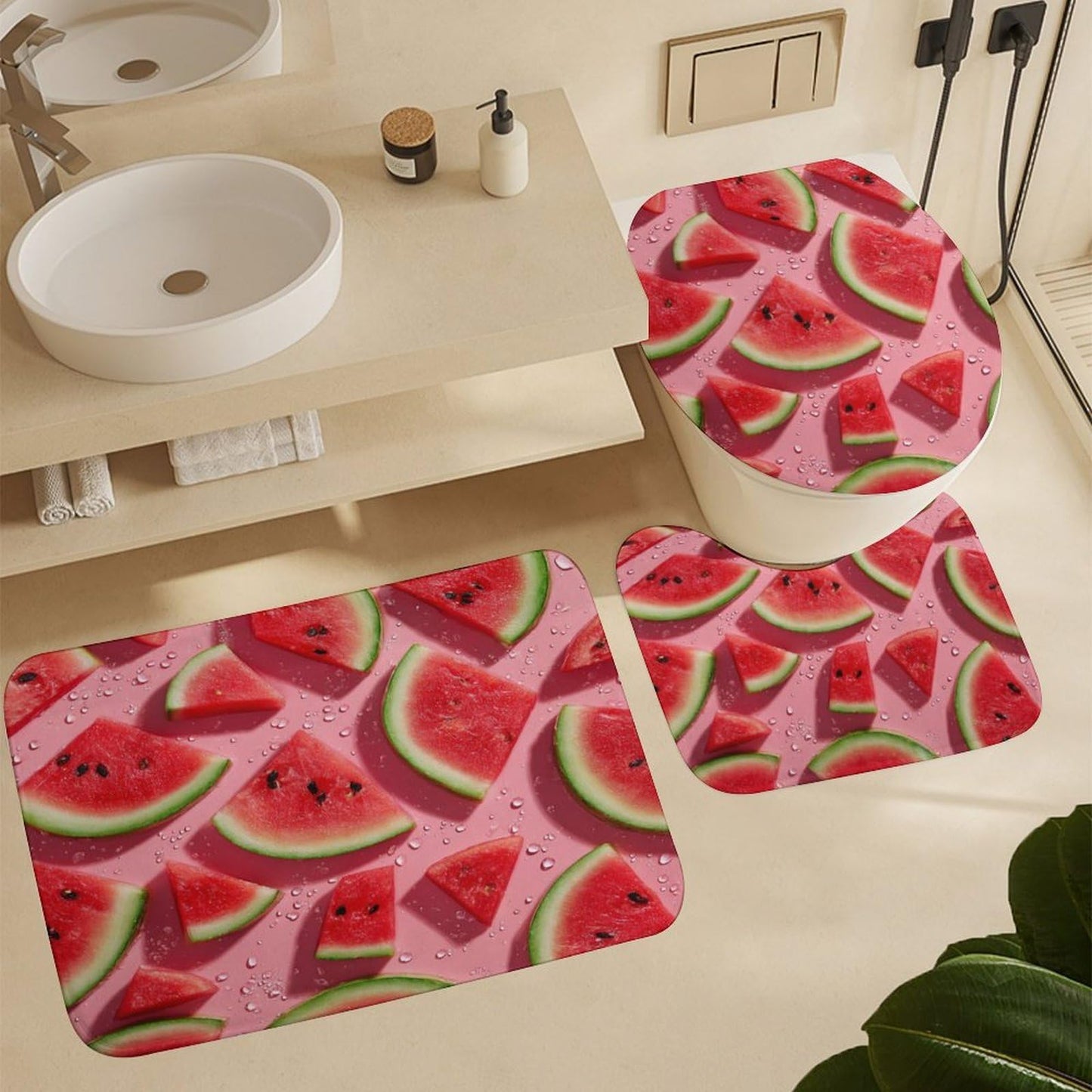 INSFBRB Modern Colorful Watermelon Shower Curtain Sets with Rug,Toilet Lid Cover and Bath Mat,Rustic Realistic Summer Fruit Watermelon 4 Piece Bathroom Set