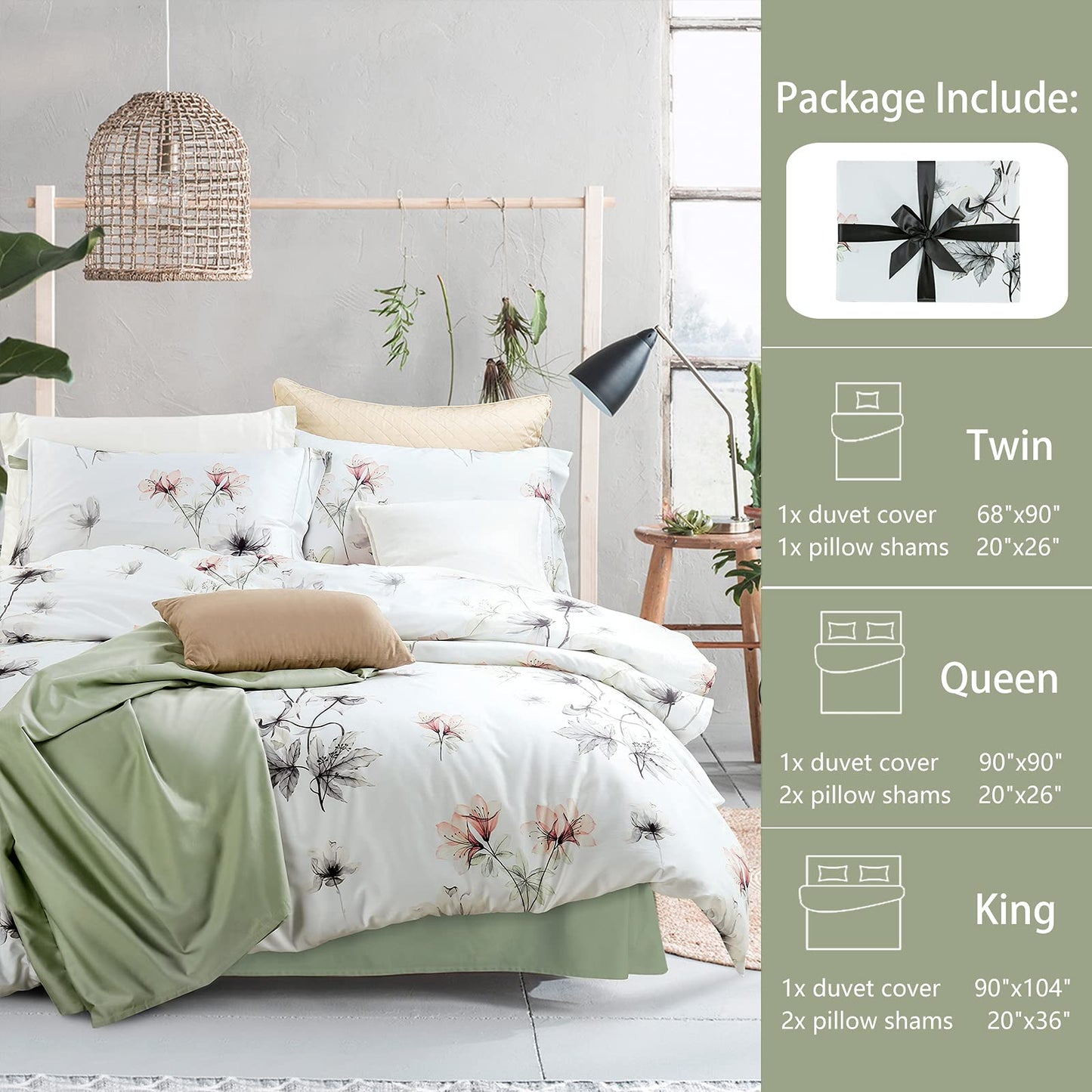 MILDLY 100% Long-Staple Cotton Duvet Cover Set White Green Floral Leaves Pattern Printed Comforter Cover 3pcs, Ultra Soft & Breathable Bedding Set