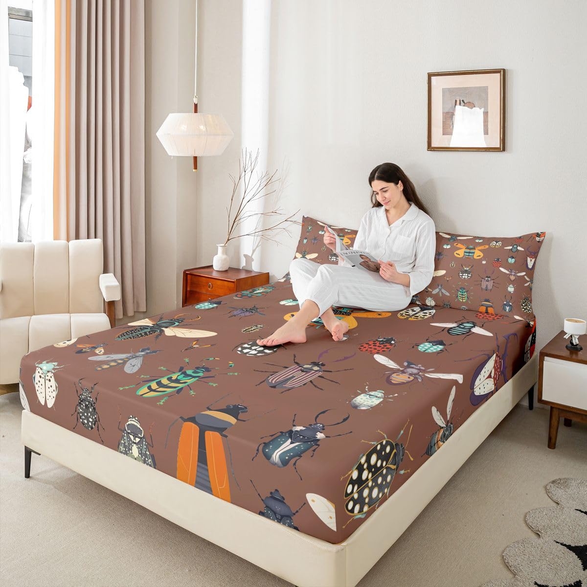 Castle Fairy Cartoon Beetles 3Pcs Bed Sheets Set Twin Size Nature Animals Coleoptera Bedding Sets for Kids Girls Boys Room Decor Country Rustic Style Soft(Fitted + Flat,1 Pillowcase) Dark Brown