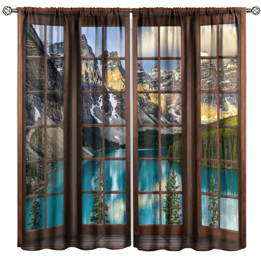 Nanacur 3D Window Lake View Curtains, Nature Landscape Spring Forest Mountains Rod Pocket Window Treatment for Living Bedroom Office Cafe Kitchen Drapes 41" W X 45" L (No Blackout)