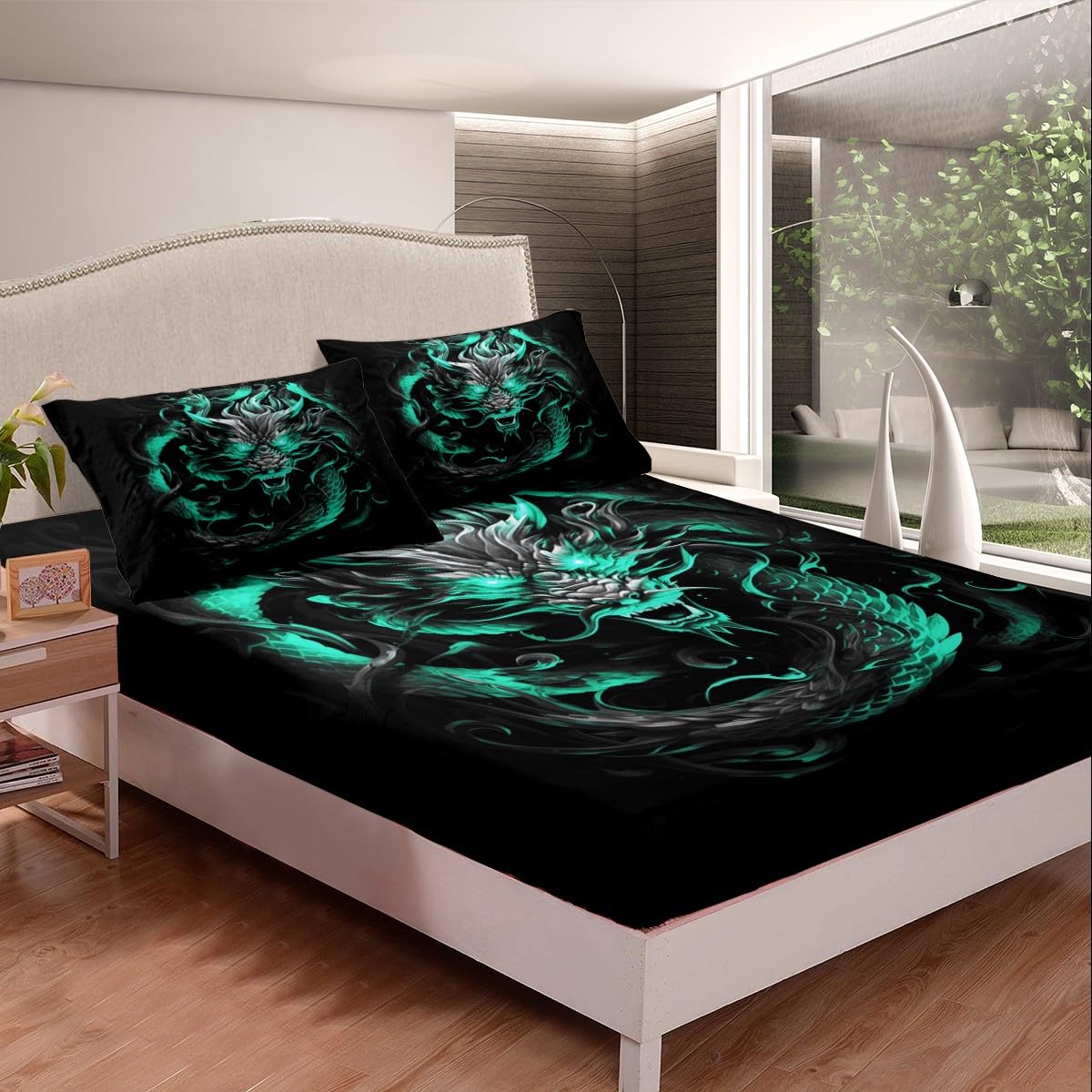 Dragon Fitted Sheet Queen Size,Blue Green Flame Dragon Bed Sheets for Kids Boys Men Adult Bedroom Decor,Magical Wildlife Animals Bedding Set Luxury Cool Deep Pocket Sheet 3Pcs,2 Pillowcases