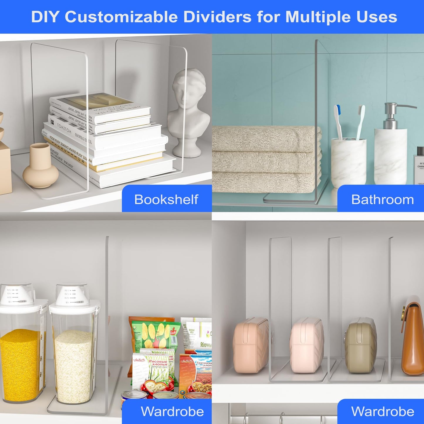 OKPOW Shelf Dividers Closet Organizer - 12" Tall X 11.8" Deep Acrylic Clear Sturdy Separate for Clothes Purse - Adjustable Space Saver Easy Install for Home Organization Enthusiasts 4 Pack