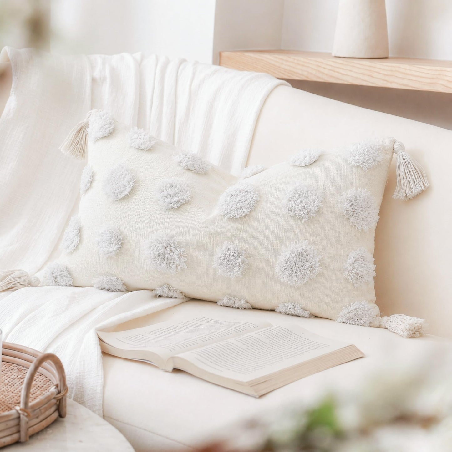 PANOD Super Soft Farmhouse Decorative Plush Throw Pillow Covers 12 x 20 White,Solid Pom pom Tufted with Tassels Modern Accent Boho Lumbar Cushion Cover Pillow Case for Couch Sofa