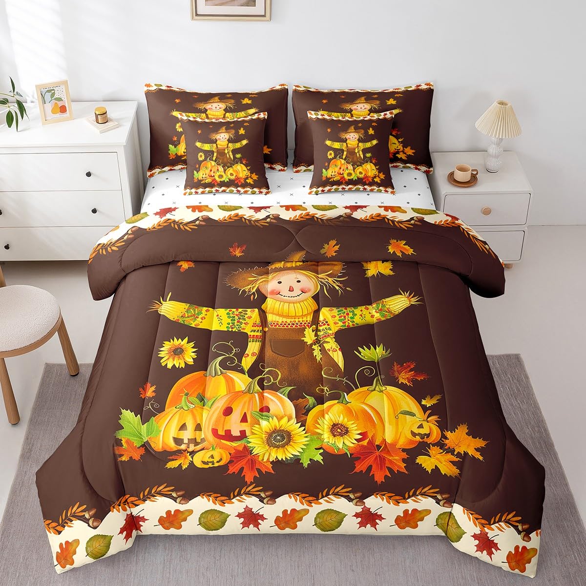 Erosebridal 7 Piece Fall Decor Bed in a Bag for Girls Women Thanksgiving Day Gifts,Autumn Harvest Themed Sheet Set Fall Season Bedding Comforter Rustic Farm Maple Leaf Pumpkin Cushion Covers Twin