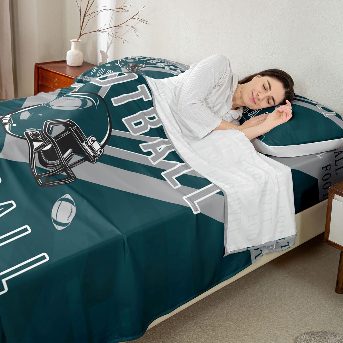 Feelyou Football Bed Sheets Set Boys Girls Twin Size Fitted Sheet Rugby Sports Football City Bedding Set for Boys Kids Teen
