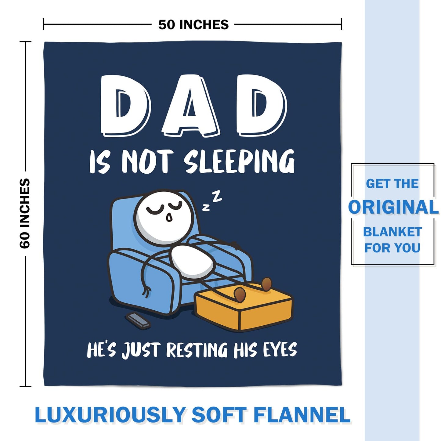 GoMelley Funny Fathers Day Birthday Gift for Dad Husband, Dad is Not Sleeping Blanket, Dads Gifts from Daughter Son, Super Soft Throws Blanket for Couch and Napping, 60" x 50" (Blue)