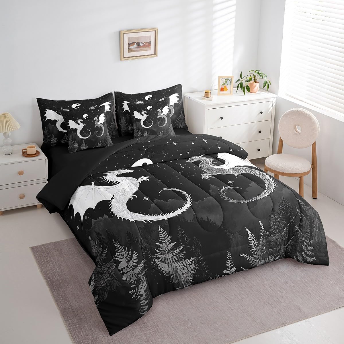 7 Pieces Black White Dragon Comforter Set Queen,Japanese Yin Yang Style Bed Set for Kids Boys Girls,Starry Sky Bedding(1 Comforter,1 Fitted Sheet,1 Flat Sheet,2 Pillowcases,2 Throw Pillow Covers