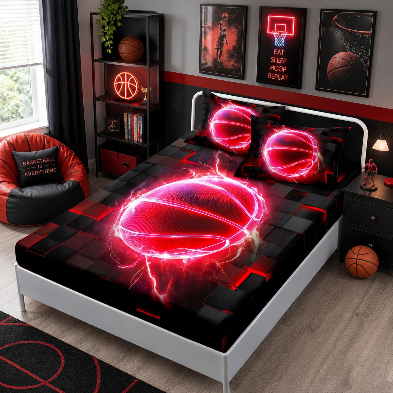 HOSIMA Basketball Fitted Sheet Twin,Basketball Wrapped in Flames,Black Red Geometric Background Pattern Cool Extreme Sports Bedding for Kids Boys Room Decor,1 Fitted Sheet+2 Pillowcases.