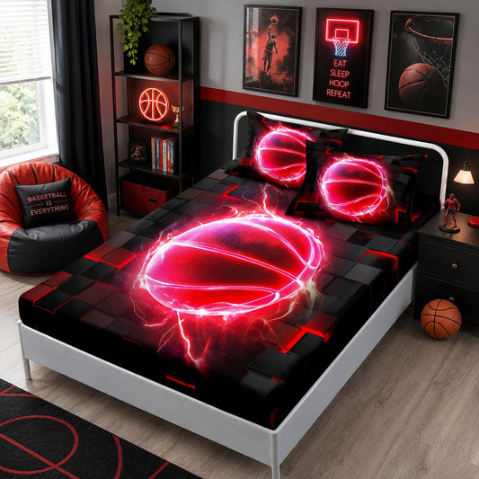 HOSIMA Basketball Fitted Sheet Twin,Basketball Wrapped in Flames,Black Red Geometric Background Pattern Cool Extreme Sports Bedding for Kids Boys Room Decor,1 Fitted Sheet+2 Pillowcases.