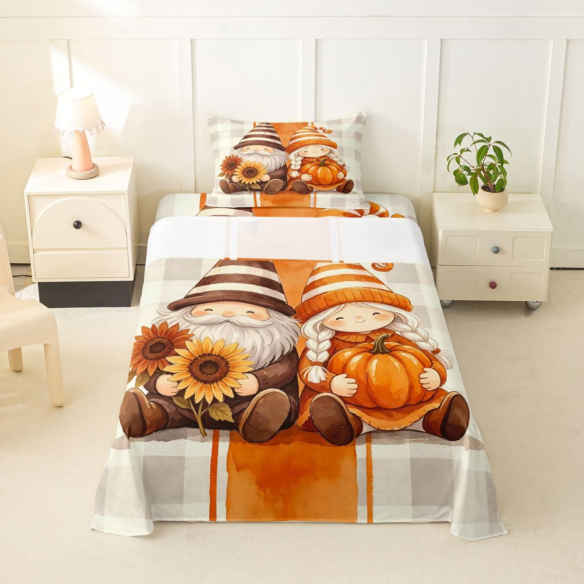 Erosebridal Couple Gnome Bed Sheets Twin Size Fall Sunflower Pumpkin Sheet Set Teens Men Women Geometric Stripes Plaid Bedding Set Neutral Cute Whimsical Autumn Sheets