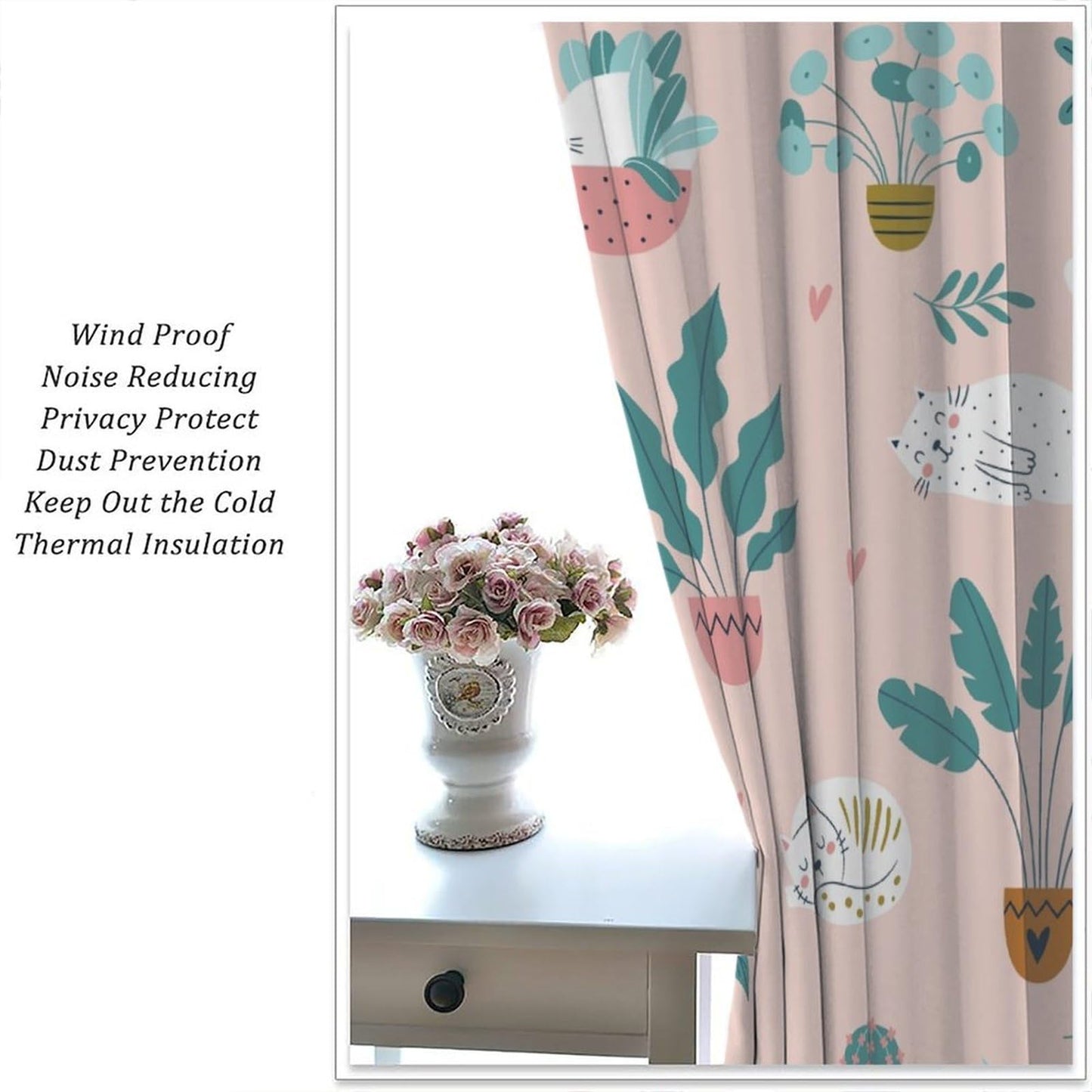 JADERYS Cat Blackout Curtains Cute Cartoon Animal Cat Green Plant Potted Pink Art Print for Girls Boys Women Bedroom Living Room Rod Pocket Decoration Window Drapes 2 Panels W21xL45in