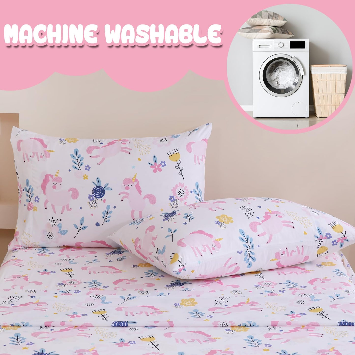 Yibeizi Unicorn Sheet Set for Girls Full, Kids Boho Floral Print Bedsheets Microfiber Deep Pocket Cute Patterned Bed Sheet & Pillowcase Sets 4 Pieces