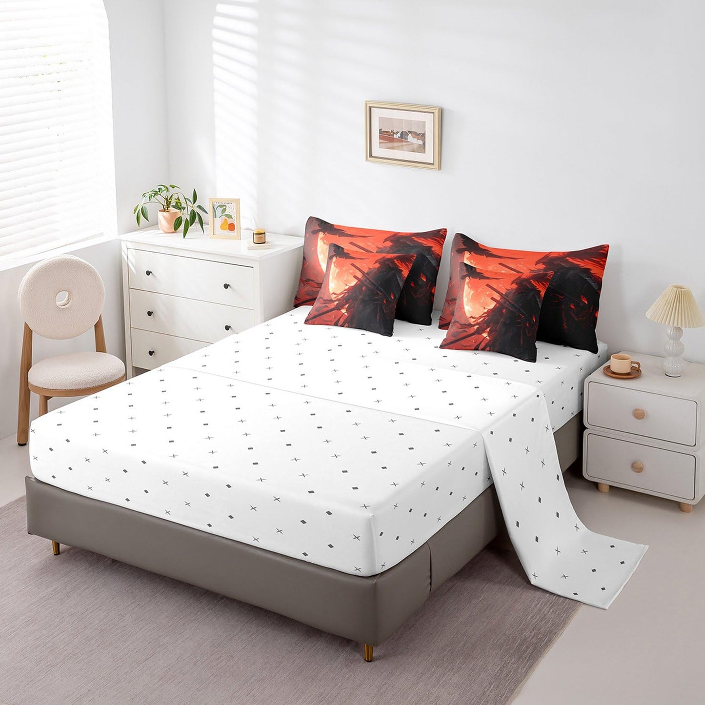 7 Pieces Twin Size Japan Samurai Comforter Set,Japanese Ukiyo-e Soldier Sword Bedding Set for Boys Men,Moon Crow Bird Animal Rustic (Comforter+Fitted+Flat Sheet+2 Pillowcases+2 Throw Pillow Covers)