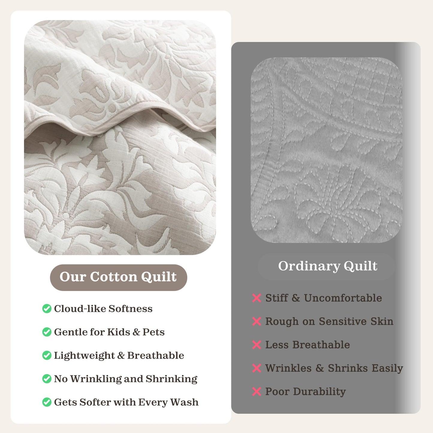 Exclusivo Mezcla Cotton Quilts King Size Beige, Soft Lightweight Bedspread Breathable Prewashed Bed Coverlet with 2 Pillow Shams, Boho Pattern Yarn Dyed Muslin Quilt Bedding Set for All Seasons