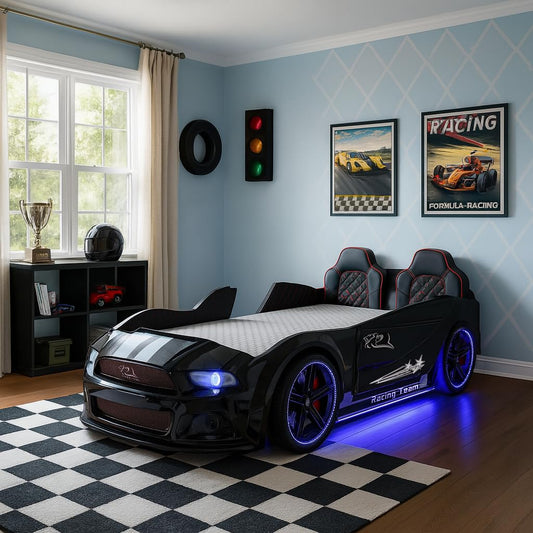 Race Car Bed for Kids, Twin XL Size, LED Lights, Sports Style Design, Black