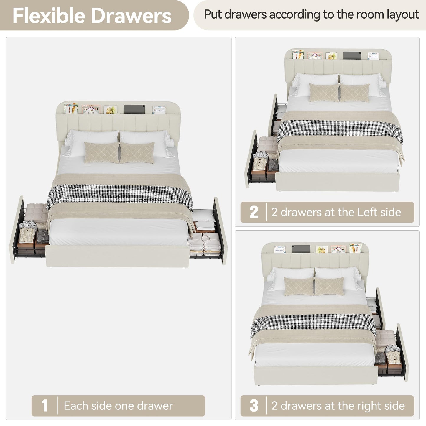 GarveeHome Full Bed Frame with Storage Headboard, Kids Bed Frame with 2 Drawers, Boucle Upholstered Platform Bed with Bookcase, No Box Spring Needed, Easy Assembly, Ivory White