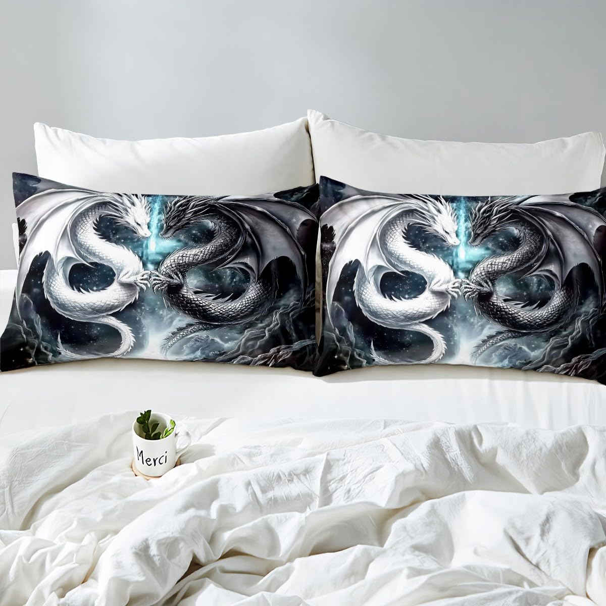Erosebridal Dragon Twin Size Bedding Set, West Wildlife Bed Sheets Set for Teens Adult Youth Men Room, Ancient Animal Flat Fitted Sheet 3 Piece with 1 Pillowcase, Black White