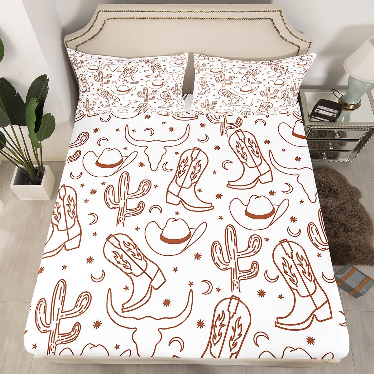Feelyou Western Decor Sheet Set for Kids Boys Girls Wild Western Cowboy Sheets with Deep Pocket Fitted Sheet Queen Size Riding Boots Bed Sheets Set Cowboy Hat Bedding Set Cow Skull Bed Set 4Pcs
