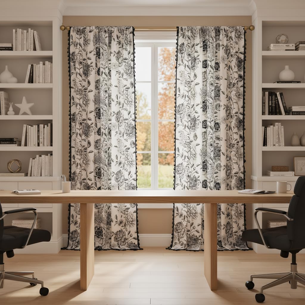 F-CHU Black Floral Farmhouse Curtains Living Room Drapes 84 Inch Length Cotton Linen Boho Window Curtain with Tassel Rod Pocket Bedroom Macrame Drapes Flower Curtains, 2 Panel