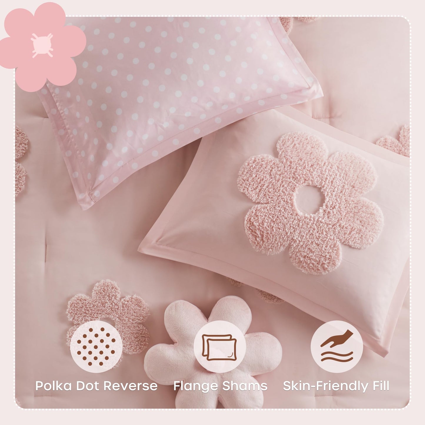 Intelligent Design Kids Queen Comforter Set for Girls, Tufted Chenille Floral Comforter Set Queen, Lightweight Polka Dot Comforter Reversible Bed Set, Sham, Pillow, Gracie, Full/Queen Pink 4 Piece