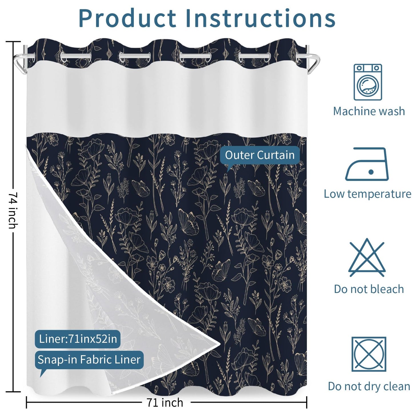 No Hook Shower Curtain with Snap in Liner Set, Dark Boho Navy Gold Forest Botanical Floral Neutral Pretty Waterproof Fabric Shower Curtain for College Dorm Hotel Apartment Bathroom Bathtub, 71x74 Inch