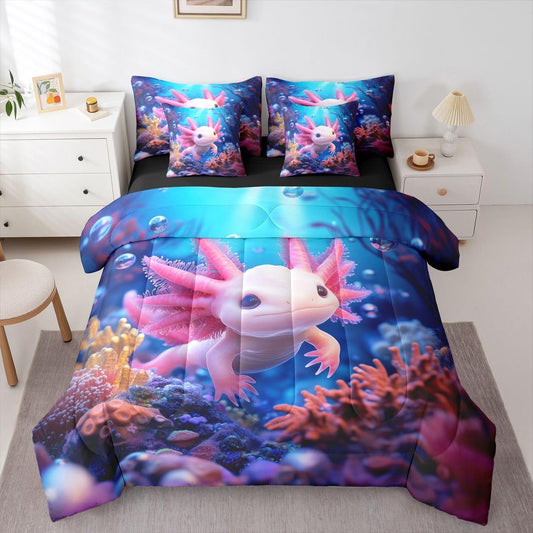Erosebridal Kids Axolotl Queen Bedding Set for Boys Girls Underwater Axolotl Comforter Set with Flat and Fitted Sheet Coral Reef Seabed World 7-Piece Bed in a Bag 3D Reality Reptile Animal Quilt Sets