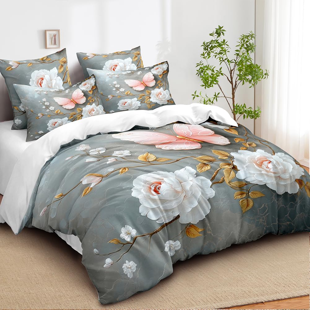 CCoutueChen Floral Butterfly Comforter Set Queen White Flower Pink Butterflies on Gray Marble Bedding Set for Women Men Modern Aesthetic Bedding Soft Lightweight 90x90 Comforter with 2 Pillowcases