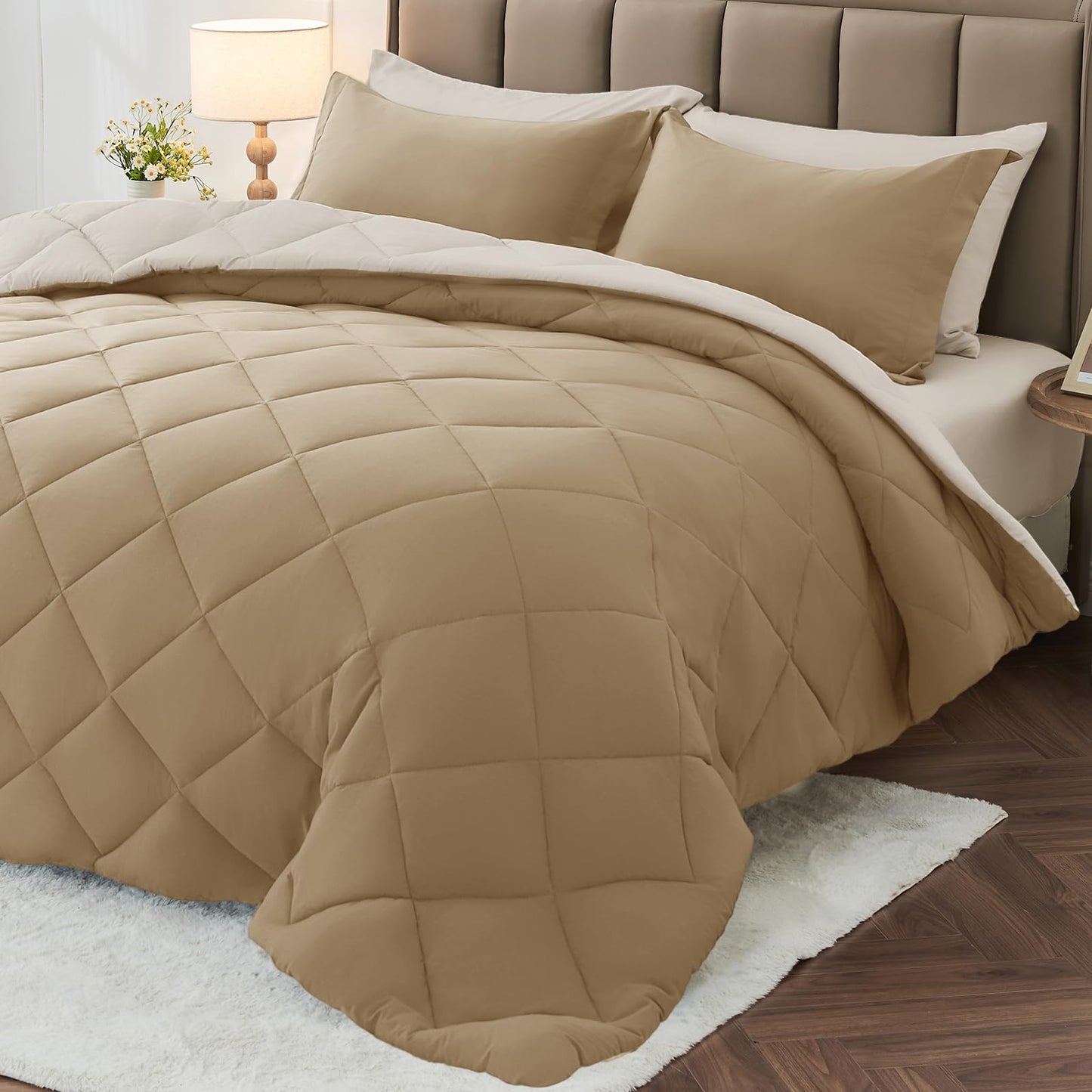 MUXHOMO 7 Pieces Queen Comforter Set, Reversible Bed in a Bag Queen Size, All Season Bedding Set with Comforter, Flat Sheet, Fitted Sheet, Pillowcases & Shams, Khaki & Linen