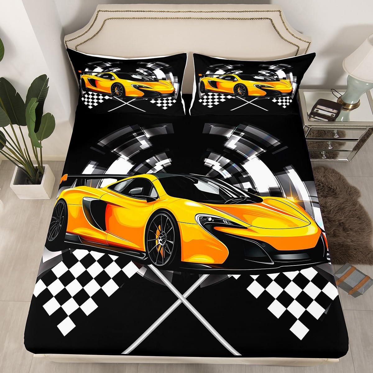 Manfei Yellow Race Car Fitted Sheet Full Size, Black and White Lattice Bed Cover, Extreme Sport Games Bedding Set 3pcs for Kids Teens Boys Man Room Decor,Soft Modern Bed Sheets with 2 Pillowcases