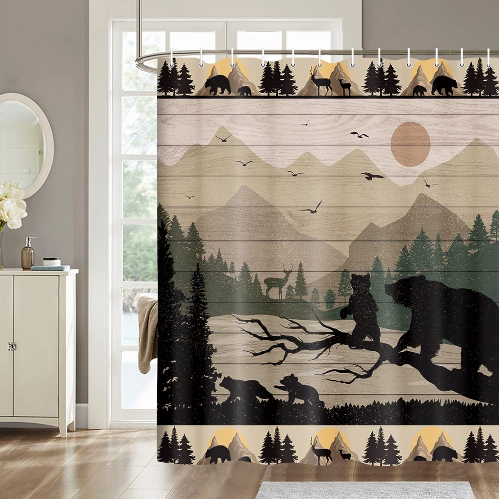 Rustic Cabin Shower Curtain for Bathroom, Cute Funny Bear Deer Forest Mountain on Brown Wooden Board Fabric Woodland Shower Curtains, Country Farmhouse Lodge Shower Curtain Set with 12 Hooks, 70X70IN
