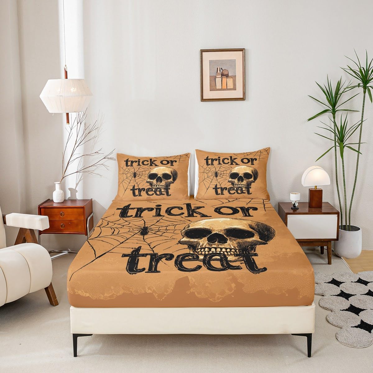 Feelyou Kids Halloween Bed Sheet Set Full Size, Trick or Treat Fitted Sheet Skull Decor Bedding Set Boys Girls Spider Web Teens Bedroom Decor Bed Set 3Pcs (No TOP Sheet)