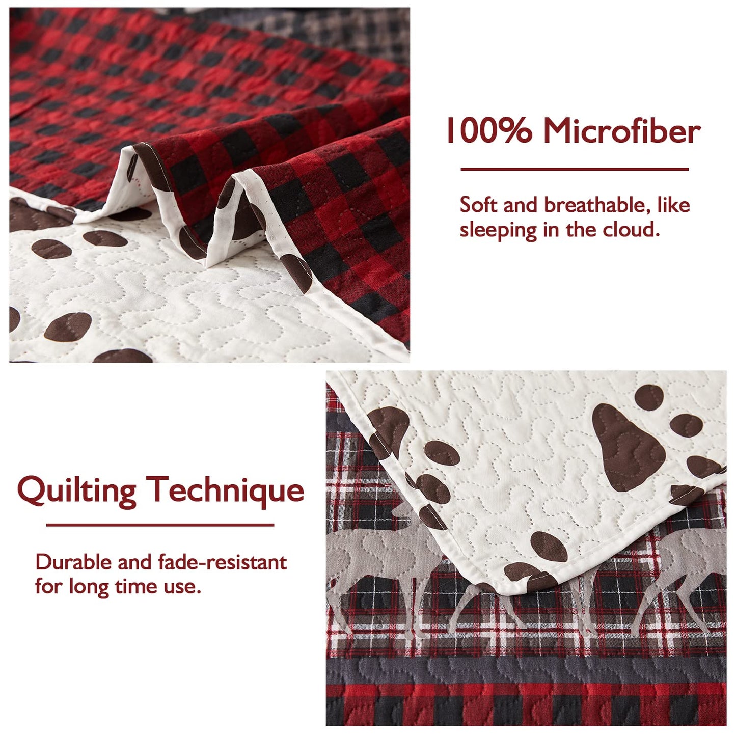 Queen Size Quilt Set Lodge Rustic Quilt Bedding Set Queen Size Bedspread Coverlet Lightweight Reversible Home Quilt Red Black Buffalo Plaid Quilt Bed Spread Country Cabin Forest Moose Bear Bedding