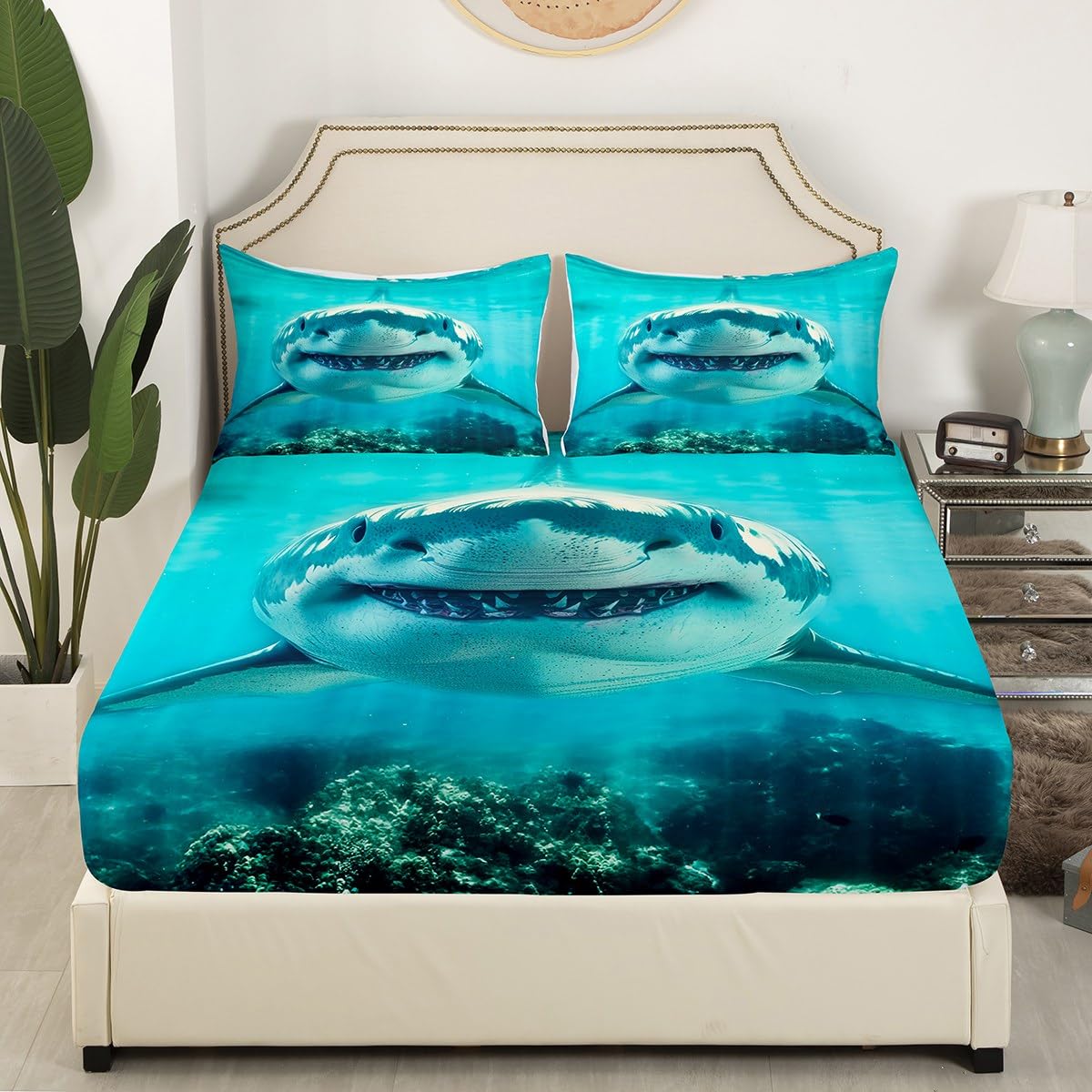 Shark Bedding Set Queen Size,3D Shark Bule Underwater World Deep Pocket Bed Sheet,Marine Life Fitted Sheet 3pcs for Youth Women Bedroom Decor,Ocean Animal Style Bed Sheets,2 Pillowcases,No Top Sheet