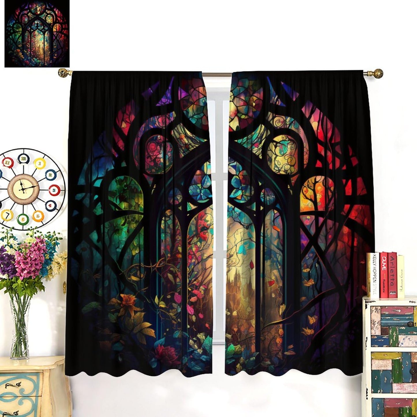 BenYaSong Castle Window Curtain, Arched Door Through Fairy Tale Forest, 2 Panels, 42x45 Inch, Blackout, Rustic Abstract Medieval Gothic