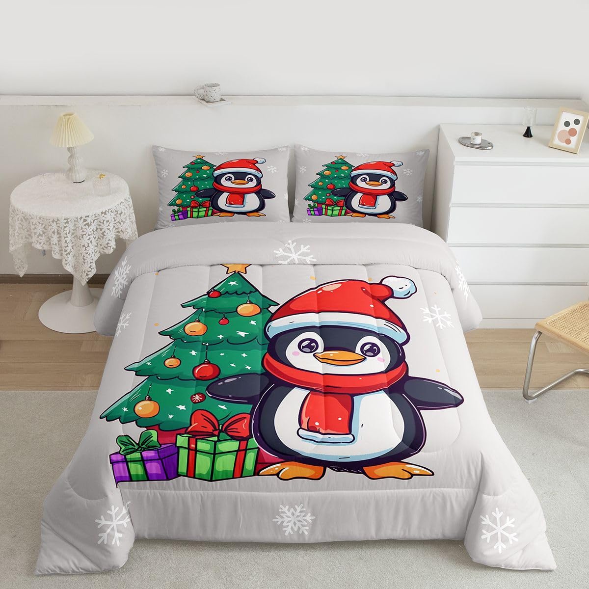 Erosebridal Xmas Penguin Bedding Set Queen Antarctic Animal Print Comforter Set for Kids Boys Girls Santa Hat Penguin Down Comforter,Christmas Tree Snowflake Gifts Quilt Duvet